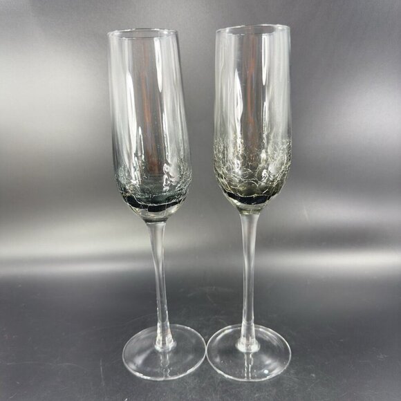 Pier 1 Smokey Black Crackle Glass Flute Drinking Glasses Set 2 Clear Bottom - Picture 13 of 13
